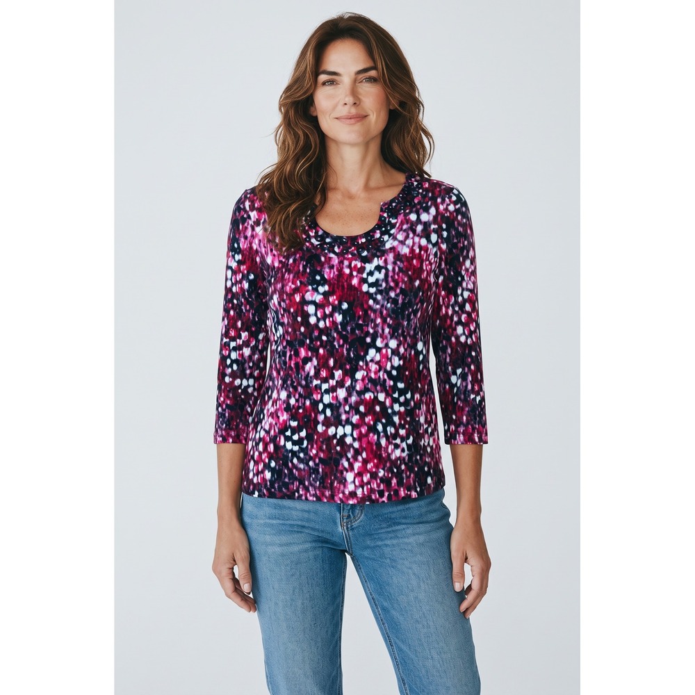Ruby Rd Petite Pink Purple Abstract Dot Beaded Neck 3/4 Sleeve Top PS
